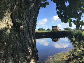 A tree trunk and leaves near a pond with a small wooden cabin reflected in the water at Hollie in Raglan