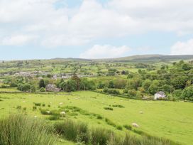 A green field with sheep and houses in the distance at Llys-y-Wennol in Penmachno