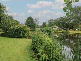 A grassy garden area with bushes trees and a pond with greenery around it at Lazy Trout Caravan Ludchurch near Narberth