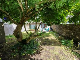 A garden with a tree and a stone wall at 2 Strand Cottages in Laugharne