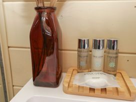 A bathroom countertop with a brown glass vase and toiletries including shampoo conditioner body wash and soap at Binsey Lodge in Longlands near Caldbeck
