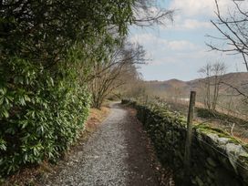 A path surrounded by bushes and trees in a forest setting at Brockstones in Grasmere
