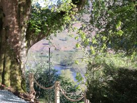 A view of a tree and lake with bird feeders at Brockstone in Grasmere