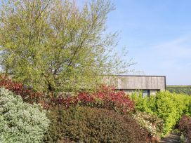 A garden with various shrubs and trees with a wooden building in the background at Bay View in Portreath