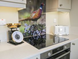A kitchen countertop with a kitchen scale a stovetop a white toaster and a backsplash with a bird image at Waterside Lodge near Annan