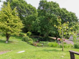 A green grassy area with trees bushes and a small fence near a road with a red car at 37 Tamar in St Ann's Chapel near Callington