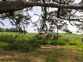 A swing hanging from a tree in a field at Alston Hall near Mothecombe Beach