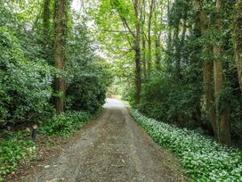 A gravel pathway lined with trees and bushes at Snowdonia Manor in Dolgellau