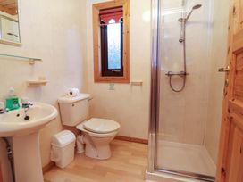 A bathroom with a sink, toilet, and shower at Elderberrys Lodge in Bideford