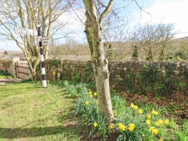 A roadside area with a black and white striped signpost and yellow flowers near a tree and stone wall at Allendale House in Armathwaite