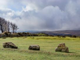 An outdoor scene with rocks and trees under a cloudy sky at Halshanger Barn in Newton Abbot