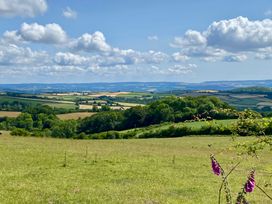 A view of fields and trees under a cloudy sky at Halshanger Barn near Ashburton