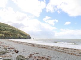 A rocky beach with seaweed washed ashore next to a hillside by the sea at D12 Treetops Clarach near Aberystwyth