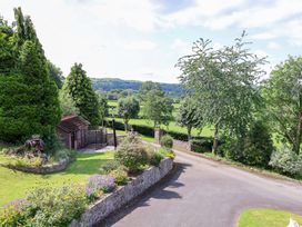An outdoor view with trees and a garden shed at The Old Barn in Pentre Celyn