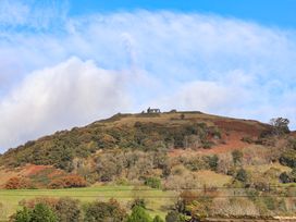 A hill with scattered trees and ruins at the top under a blue sky at Green View in Llangollen