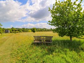 A bench near a tree in a field with flowers at Goose Whistle Hut in Foxham