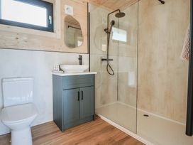 A bathroom with a toilet a vanity unit with sink and a walk in shower at Foxglove in Higher Wambrook near Chard