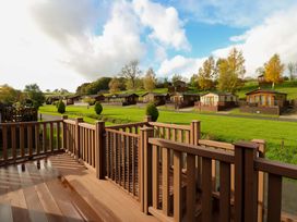 A view from a wooden deck overlooking green lawns and several wooden lodges with trees and a blue sky at Dragonfly in Tunstall near Hipswell