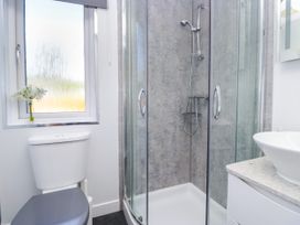 A bathroom with a shower, toilet, and sink at Dovedale Lodge, Troutbeck Bridge