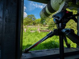 A camera with a large lens on a tripod looking out of a wooden structure onto grassy field and trees
