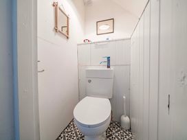 A bathroom with a toilet and mirror at Bodior Garden Cottage in Rhoscolyn
