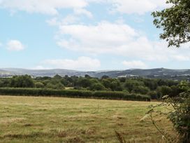 A field with trees and hills in the background at Aunty Junes Cottage Okehampton
