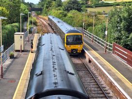 A train arriving at a platform with a person waiting at The Halt in Maiden Newton
