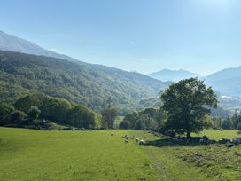 A landscape with sheep grazing and mountains in the background at Ty Llugwy in Capel Curig near Betws-Y-Coed