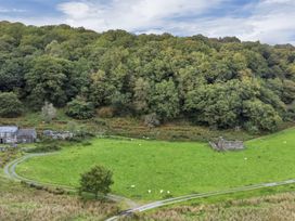 A green field with sheep and a stone building near a forest at Tan Y Clogwyn in Dolwyddelan near Betws Y Coed