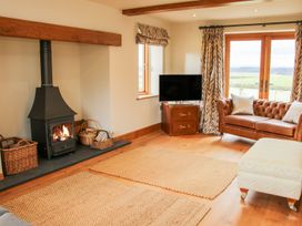 A living room with a wood stove fire baskets a television on a cabinet a brown sofa and large windows at White House in Montgomery
