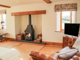 A living room with a wood stove fireplace a leather sofa a television and woven rugs at White House in Montgomery