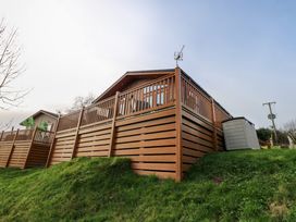 A raised wooden deck with railing and a small shed on grass at Finnbars Lodge in Richmond