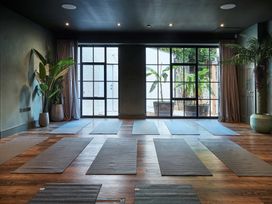 A yoga studio with yoga mats and plants at Craig y Don in Glyngarth near Llandegfan