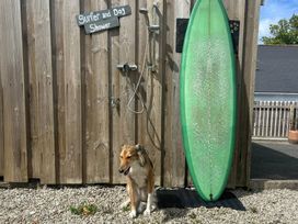 An outdoor shower with a surfboard and a dog at The Packing House Rosudgeon