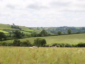 A landscape with sheep grazing in a field and hills in the background at Under Oak Pod Totnes