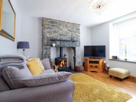 A living room with a stone fireplace wood stove grey sofa yellow rug and a television at Dola in Pentre Du near Betws-Y-Coed