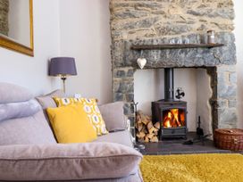 A living room with a sofa and cushions beside a stone fireplace with a wood burning stove and a yellow rug at Dola in Pentre Du near Betws-Y-Coed