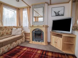 A living room with a patterned sofa, a fireplace with a mirror above, a television on a corner cabinet, and windows with curtains at Carnaby in South Chard