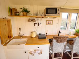 A small kitchen area with a sink, kettle, microwave, shelf with cups and a plant, and two wicker chairs at Shepherds Hut - Oak in Temple Bruer near Lincoln