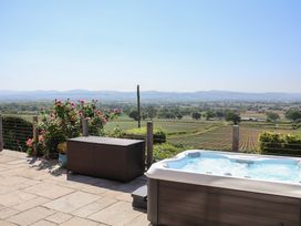 An outdoor patio with a hot tub a storage box and flowers overlooking fields and hills at Buzzards View in Dyserth