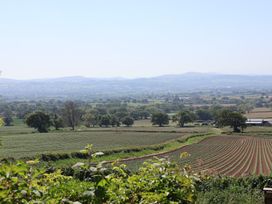 A rural landscape with farmland trees and hills in the distance at Buzzards View in Dyserth