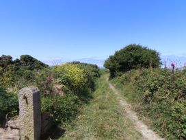 A narrow dirt path with grass and wildflowers on both sides under a blue sky at Little Victory in Pendeen