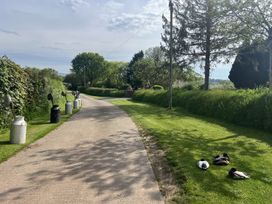 A country road with milk churns and cream separators lined on the left and ducks resting on grass on the right at War Horse Valley Orchard View in Hatherleigh