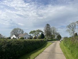 A paved driveway lined with grass and bushes leading to white houses with trees in the background at War Horse Valley Orchard View in Hatherleigh