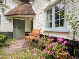 A garden with a bench and flower pots at 3 Cumberland Cottages Ringmore