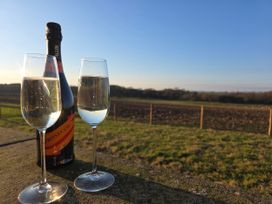 Two champagne glasses and a prosecco bottle with a field in the background at Daisy Cottage near Wigton