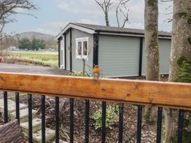 A bird sitting on a wooden railing with a cabin and trees in the background at Hexagon Hut - Dec Update in Dungiven Londonderry