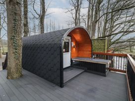 An outdoor pod with a black hexagonal roof and wooden interior on a deck with railing and trees nearby at Yew in Dungiven Londonderry
