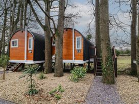 Two small wooden cabins on stilts with steps leading up surrounded by trees and gravel at Elm in Dungiven Londonderry