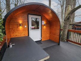 A wooden pod with a white door and bench under curved roof surrounded by trees at Elm in Dungiven Londonderry